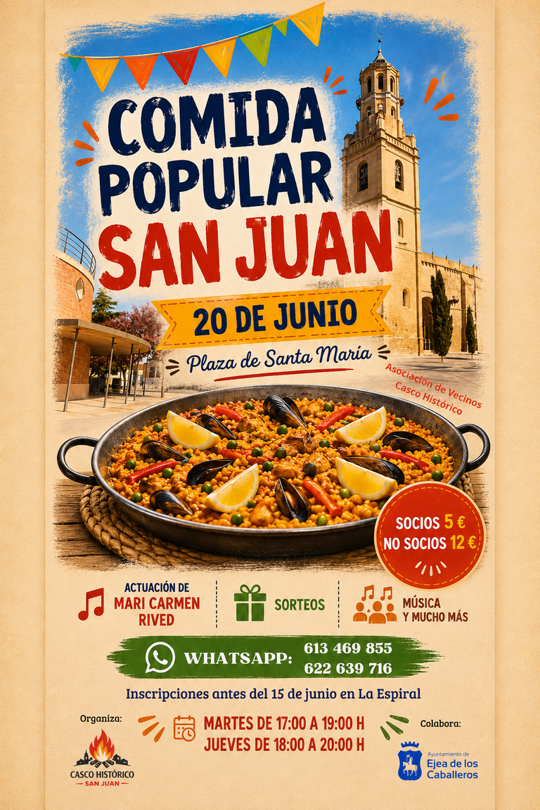 Cartel de la Comida Popular de San Juan 2026 organizada por la Asociación de Vecinos del Casco Antiguo de Ejea de los Caballeros en la Plaza de Santa María.